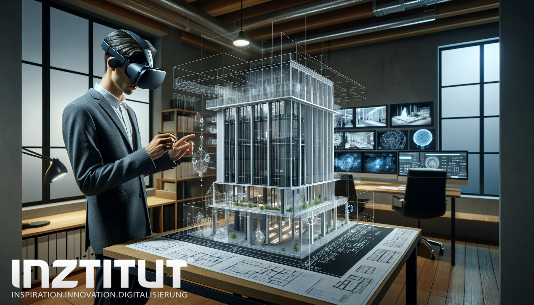 Virtuelle Immersion in der Architektur und im Ingenieurwesen - Unser Bild veranschaulicht die Rolle der virtuellen Immersion in der Architektur und im Ingenieurwesen. Es zeigt einen Architekten, der VR-Brillen trägt und mit einem virtuellen Modell eines Gebäudes interagiert. Die Szene findet in einem Büroumfeld statt und hebt hervor, wie immersive Technologie genutzt wird, um Bauprojekte und Ingenieurkonstruktionen zu visualisieren. Durch die Nutzung von VR wird es möglich, Architekturdesigns in einem dreidimensionalen Raum zu erleben und zu bewerten, bevor sie physisch umgesetzt werden. Die virtuelle Immersion in diesem Kontext erlaubt es dem Architekten, Aspekte wie Raumgestaltung, Struktur und Ästhetik in einer realistischen und interaktiven Weise zu erkunden. Dieses Bild demonstriert eindrucksvoll, wie immersive Technologien das traditionelle Design- und Planungsverfahren in der Architektur und im Ingenieurwesen revolutionieren, indem sie eine tiefere und intuitive Verbindung zum Entwurf ermöglichen.