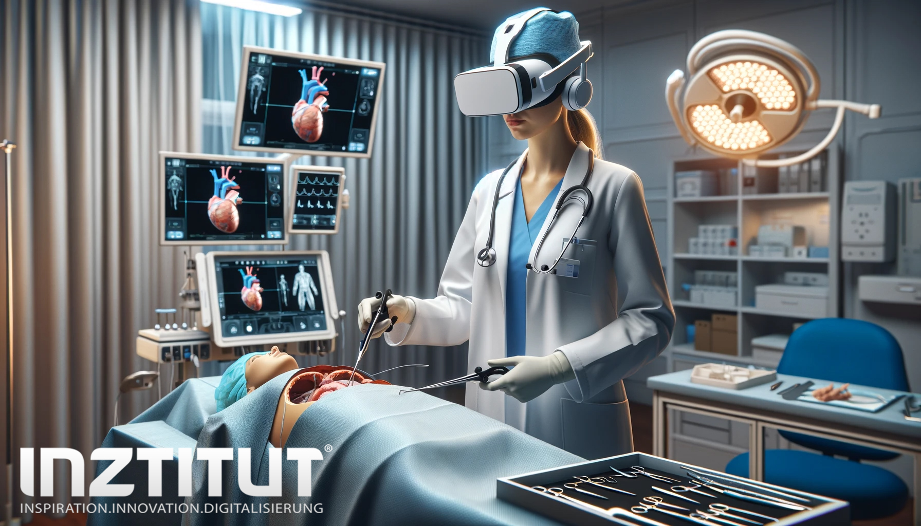 Immersive Technologie für medizinische Therapie und Training in der Medizin - Die Ärztin Sie befindet sich in einem Simulationssaal, trägt ein VR-Headset und nutzt fortschrittliche medizinische Simulationsausrüstung.
