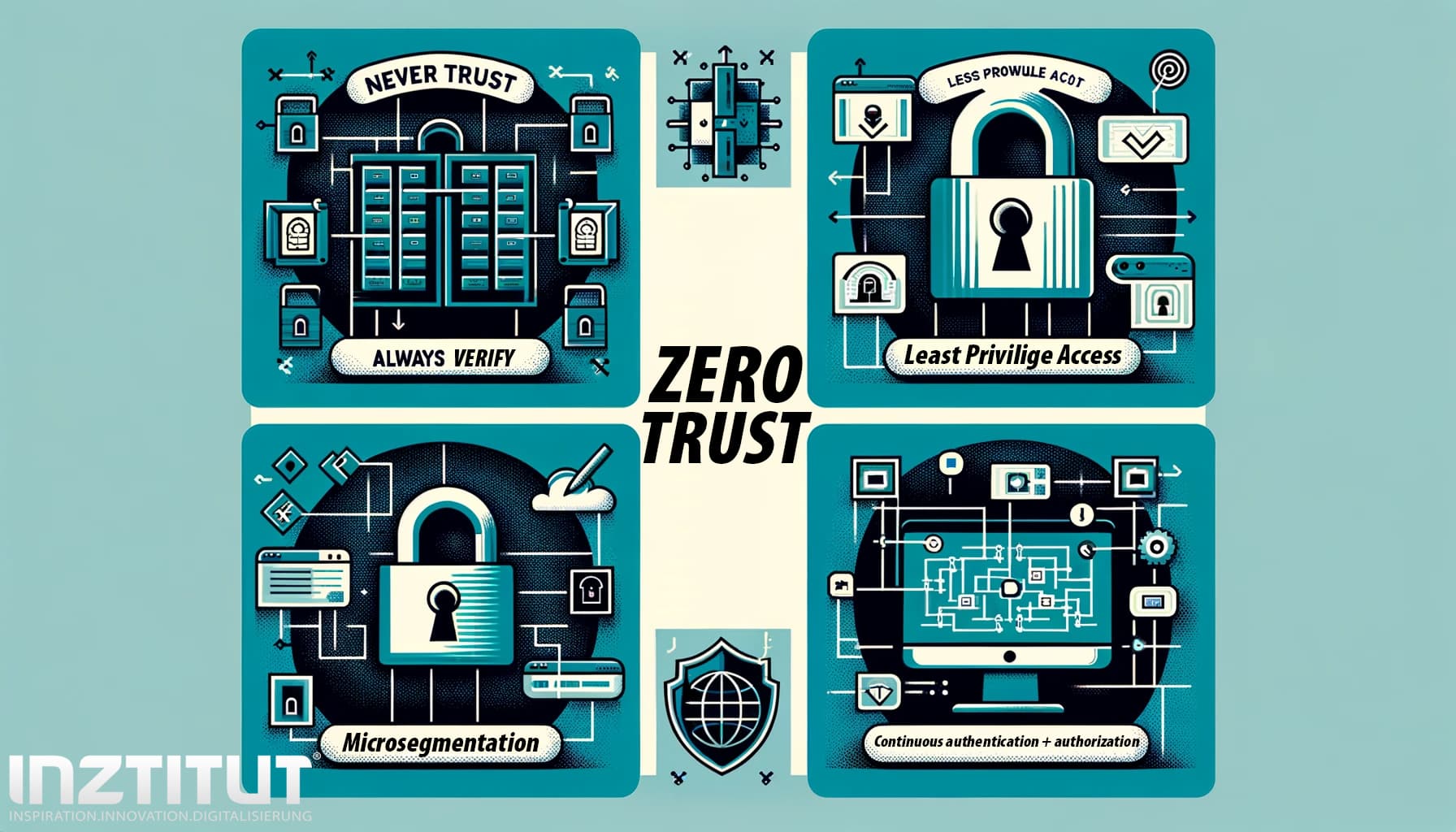 Zero Trust Prinzipien - Never Trust, Always Verify Least Privilege Access Mikrosegmentierung Kontinuierliche Authentifizierung und Autorisierung